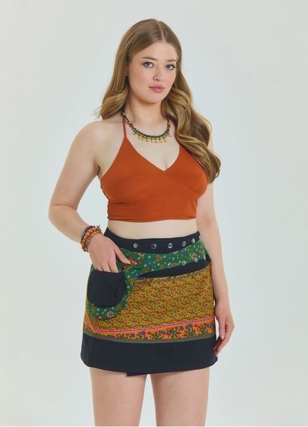 Snap Front Pocket Patchwork Wrap Green Plus Size Skirt 4688
